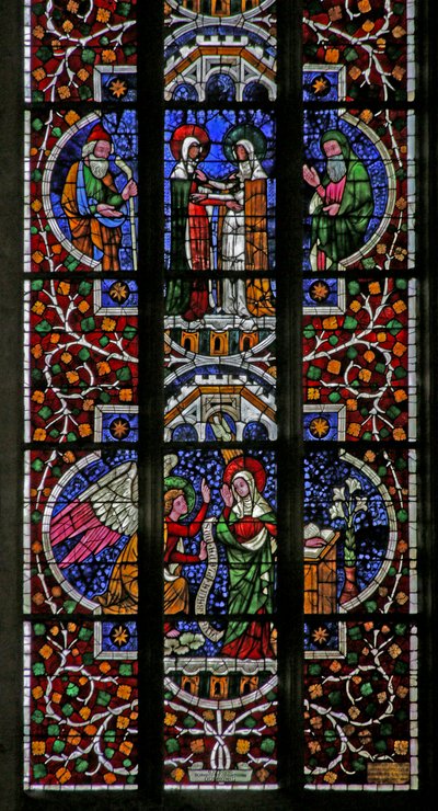 Raam met afbeelding van de Kindertijd van Christus: Bezoek, Aankondiging door French School